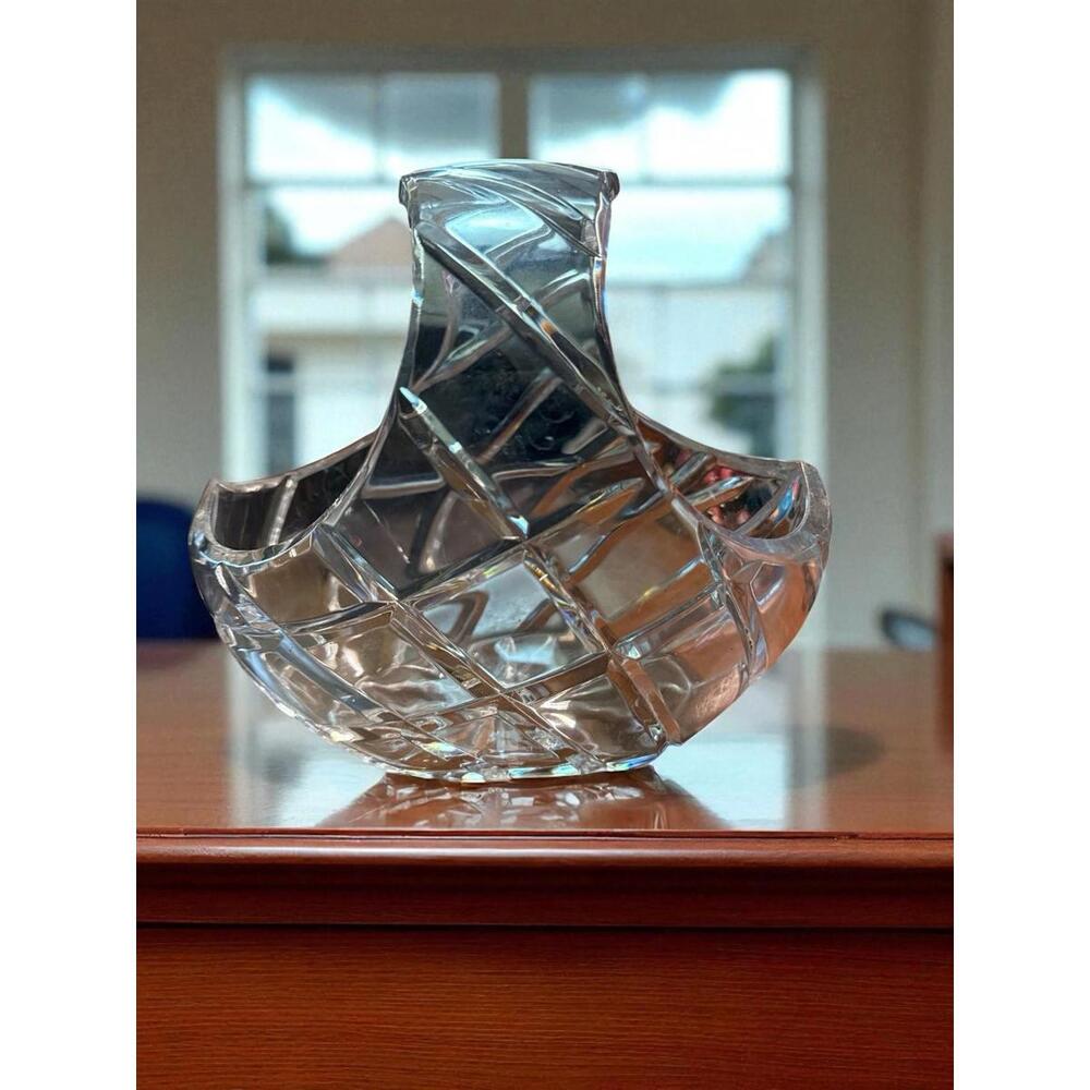Cross-Hatched Contemporary Lead Crystal Basket Heavy Bowl Criss Cross Pattern - Picture 5 of 6